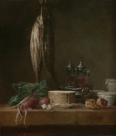 Still Life with Fish, Vegetables, Gougères, Pots, and Cruets on a Table by Jean Baptiste Simeon Chardin